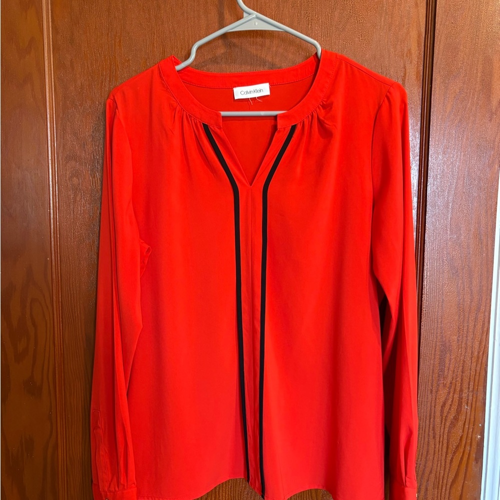 Calvin Klein Women's Vibrant Red Blouse with Black Trim